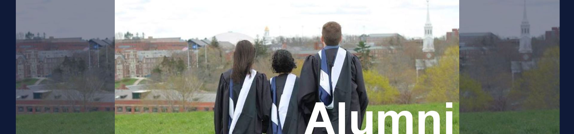 3 recent graduates looking over campus from atop a hill.  Text on the photo states "Alumni"